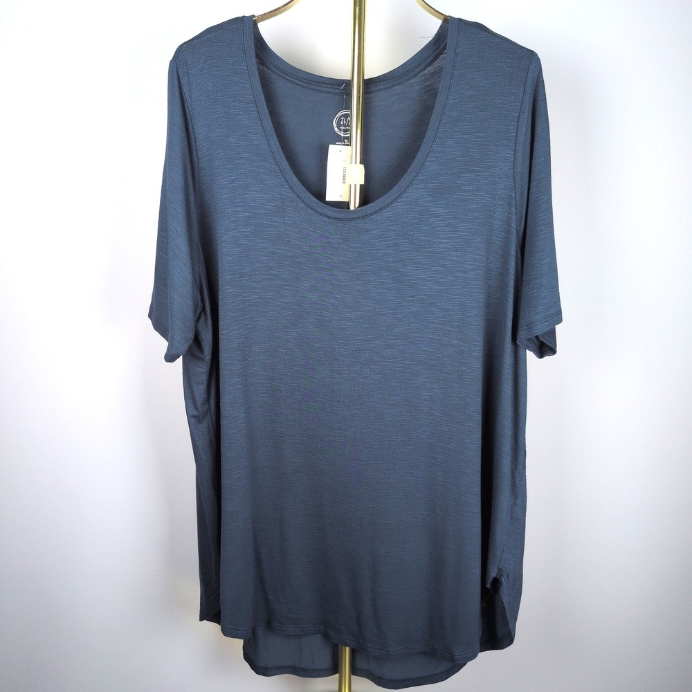 NWT 24/7 Maurices Women 1X Blue Slub Knit Scoop Neck High Low Short Sleeve Tee